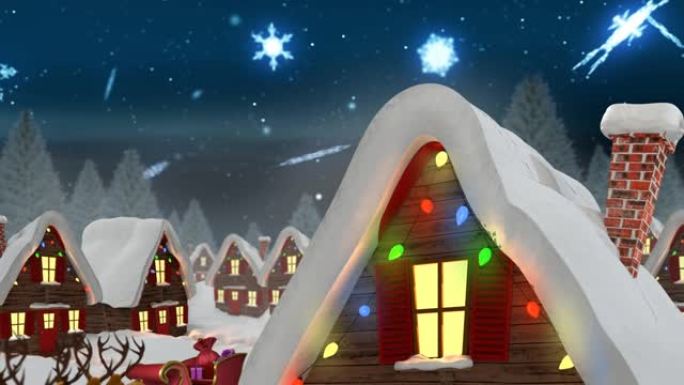 带有装饰房屋和积雪的冬季风景动画