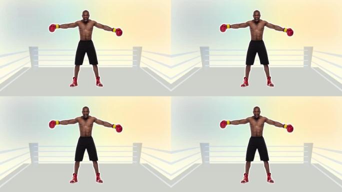 停止运动设计。艺术2D动画。非裔美国人在彩色背景上拳击后成为快乐的赢家。有趣的拳击手。现代、概念、当