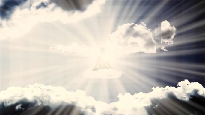 一个处于荷花位置的人的剪影在阳光的光芒中从天空中的一个入口飞过云层。冥想概念，开放的心态。具有视差效