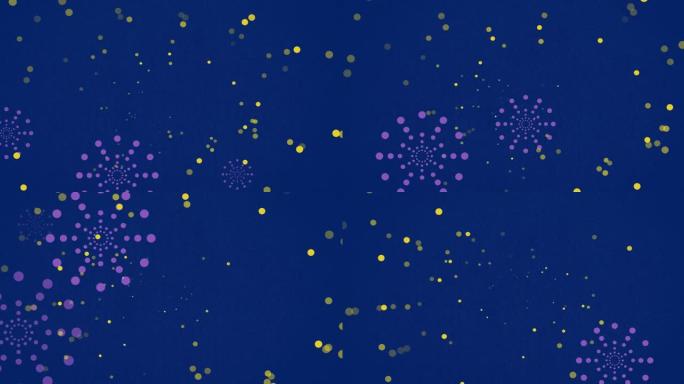 蓝色背景上的紫色烟花爆炸和bokeh黄色光斑动画