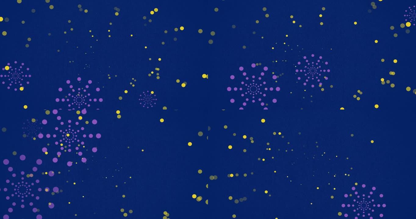 蓝色背景上的紫色烟花爆炸和bokeh黄色光斑动画