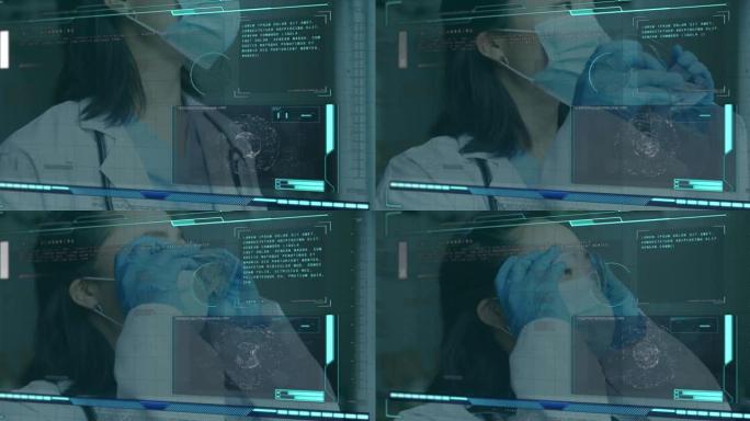 亚洲医生戴安全镜和口罩的数据处理动画