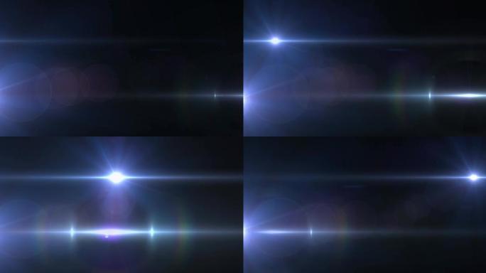 镜头耀斑和光束在黑暗背景上移动的聚光灯动画