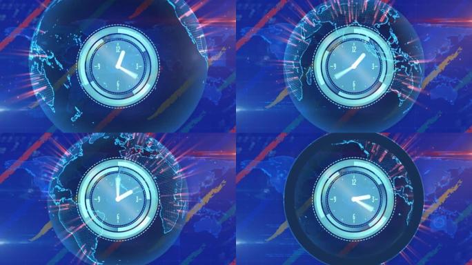 具有时钟处理的扫描仪在全球通信网络上的动画，带有条纹的蓝色