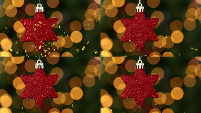 金色五彩纸屑掉落在红星圣诞树装饰上的动画，后面有bokeh灯