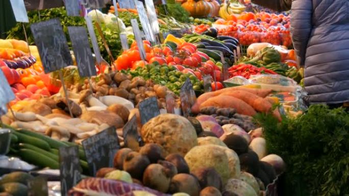 蔬菜和水果市场有各种各样的水果。健康素食。大城市的蔬菜市场。柜台上的健康新鲜有机素食。德语的价格标签