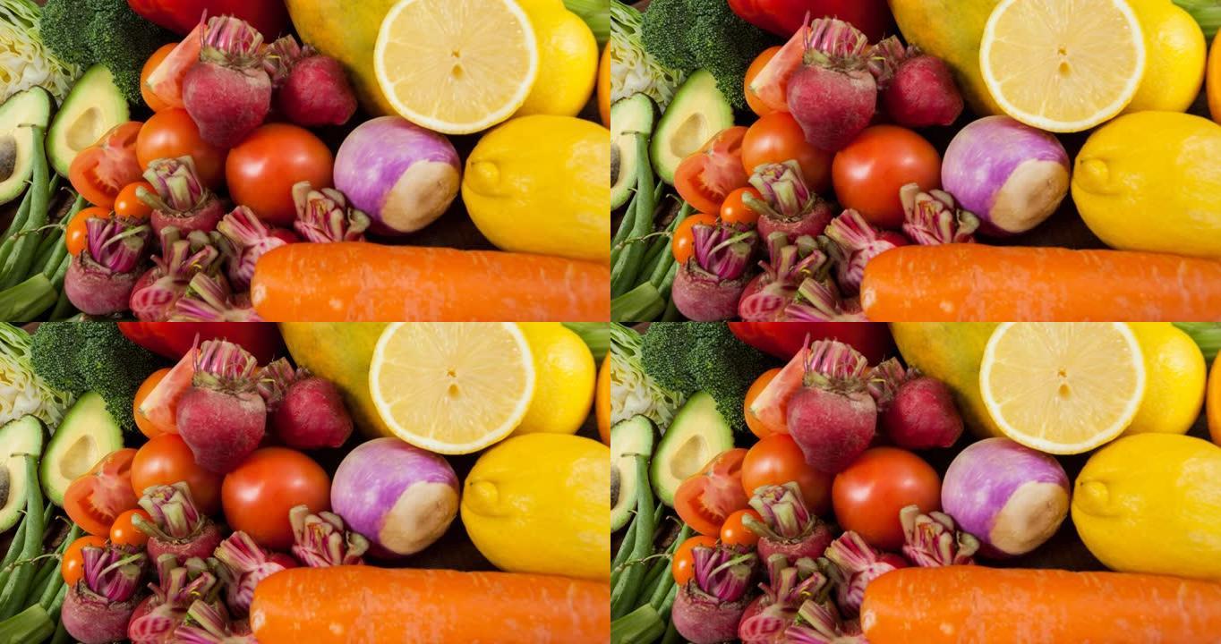 新鲜有机素食食品与水果和蔬菜的视频