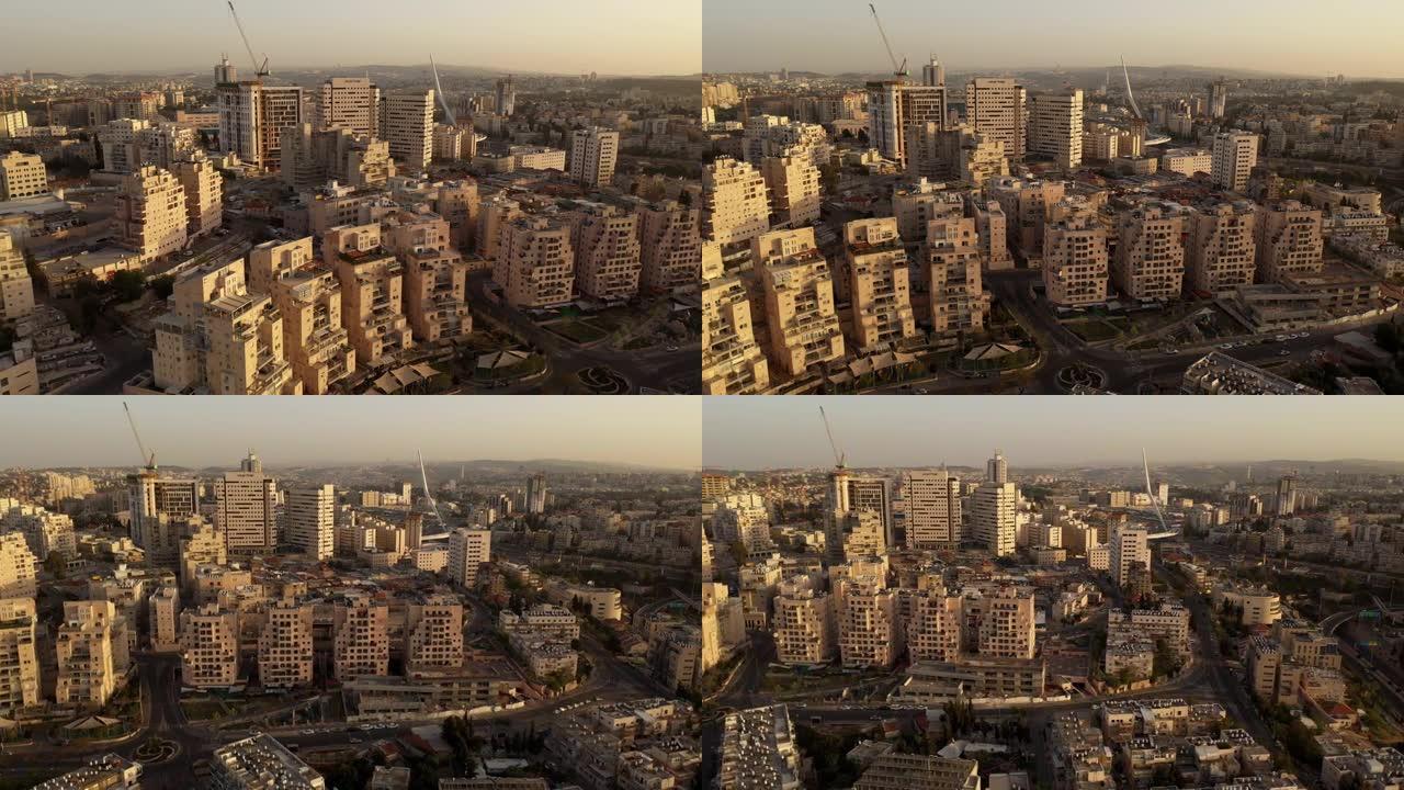 以色列日落时耶路撒冷中心建筑物的鸟瞰图