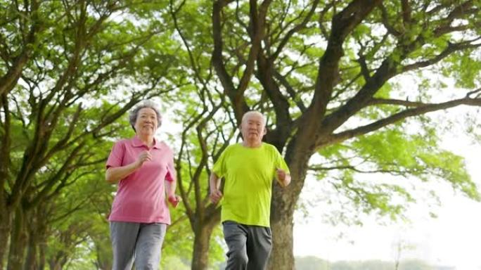 快乐的老年夫妇在公园慢跑
