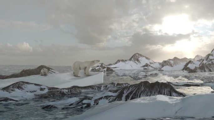 北极熊的母亲和幼崽在具有北极景观的冰山上