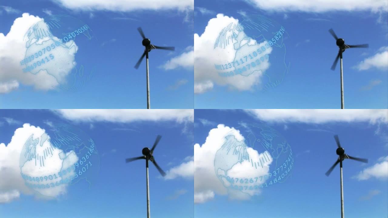 乡村风力涡轮机上的地球仪动画