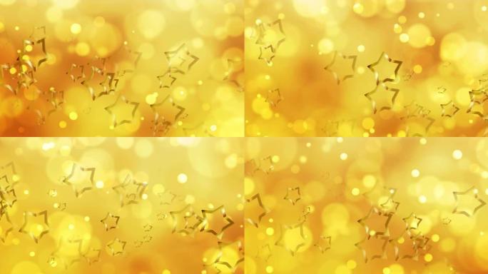 金色圣诞星星和移动黄色bokeh灯光在橙色背景上的动画