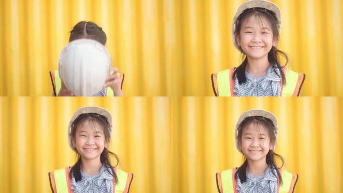 慢动作: 女孩扮演工程师，对着镜头微笑。