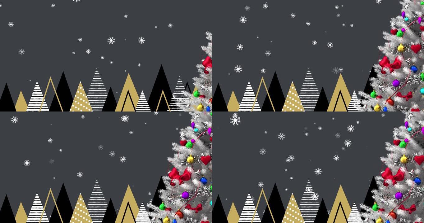 圣诞树的动画，上面装饰着树木，雪落在黑色背景上