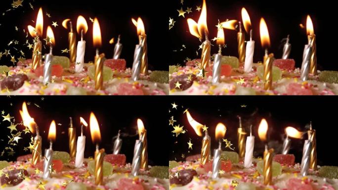 黑色背景上的生日蛋糕和星星的动画