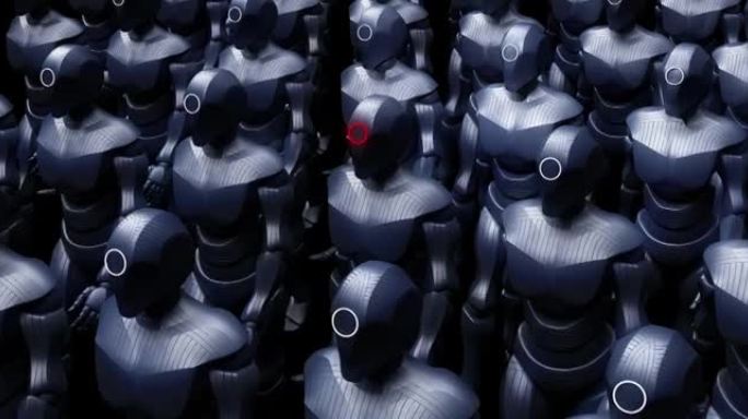 超级强大的机器人军团慢慢行进。为战争做好准备。