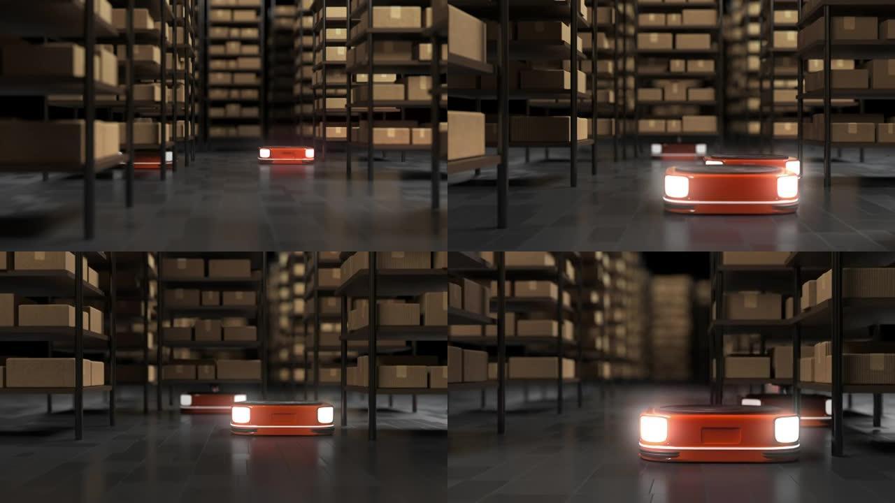 带前灯的平板机器人仓库管理员在黑暗的仓库3d动画中移动