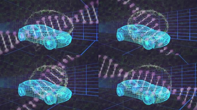 汽车和网格3d绘图模型上的dna链和人脑动画