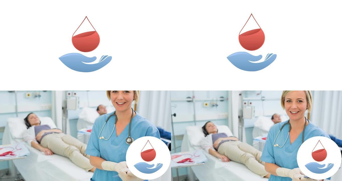微笑的女护士和献血者手上和血滴献血标志的动画