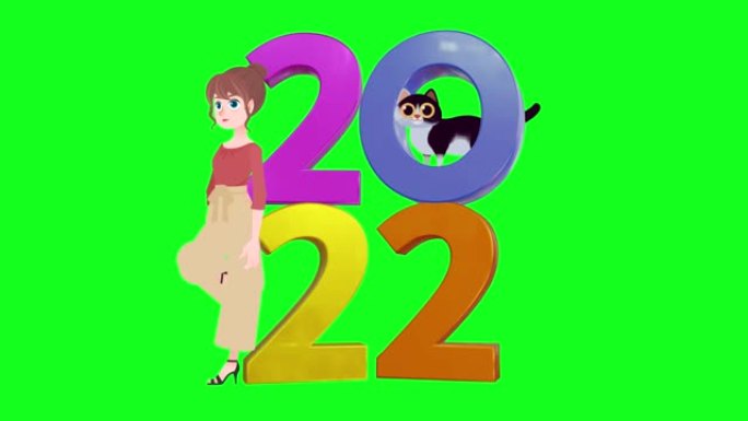 2022新年快乐猫概念。2022庆祝与宠物主人妇女隔离在绿屏背景
