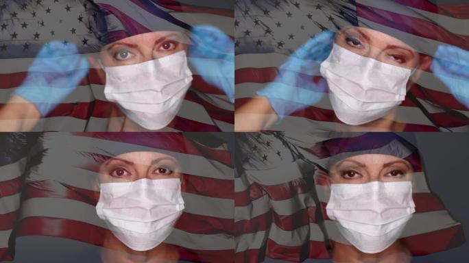 女医生或护士戴上医用口罩，挥舞着美国国旗的幽灵慢动作。