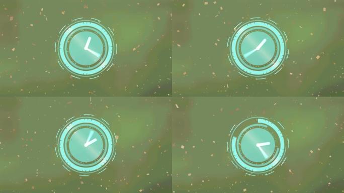 绿色背景上蓝色时钟上掉落五彩纸屑的动画