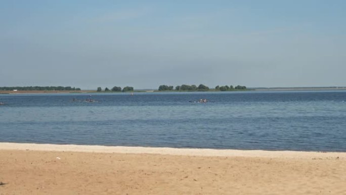 划船比赛。人们划独木舟。一队坐在皮划艇上划桨的人，在阳光明媚的夏日沿着平静的河流航行。从海岸、海滩看