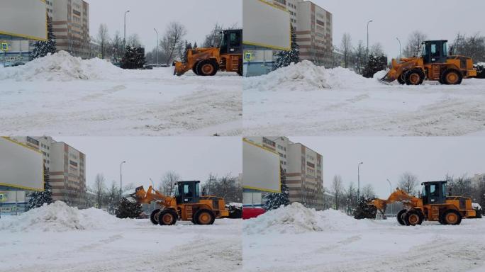 冬天。降雪期间，拖拉机清扫车使用铲斗清除道路上的积雪。市政机械汽车收割清除城市积雪。公用事业工人坐在