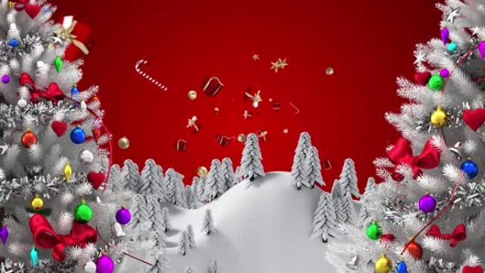 冬季景观上的两棵圣诞树上的圣诞节概念图标漂浮在红色背景下