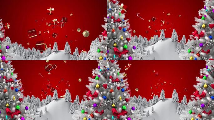 冬季景观上的两棵圣诞树上的圣诞节概念图标漂浮在红色背景下