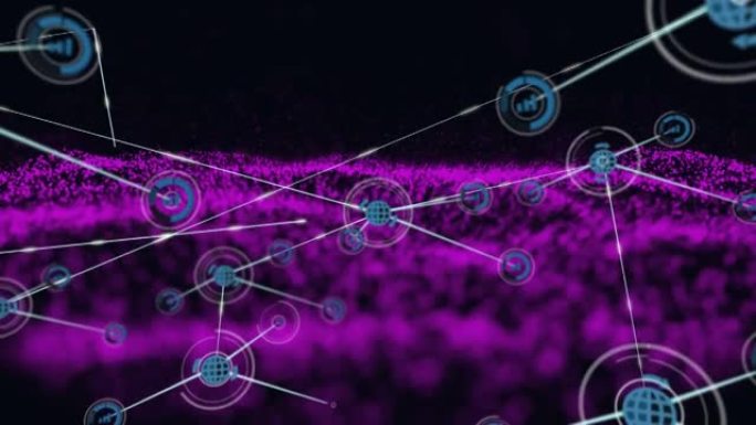 紫色网格上带有数字图标的连接网络动画