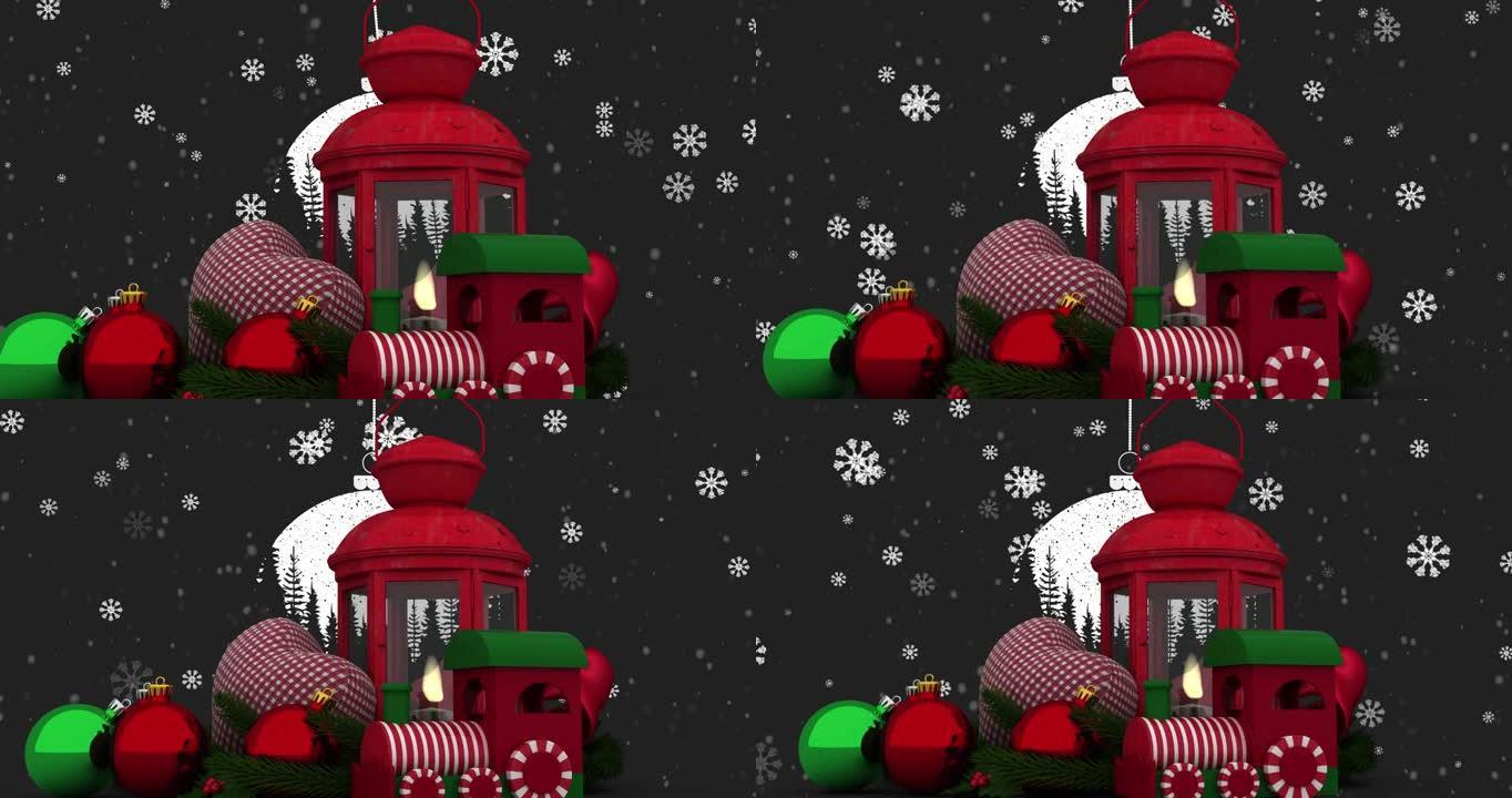 圣诞装饰品的动画，小玩意和灯笼落在黑色背景上的雪上