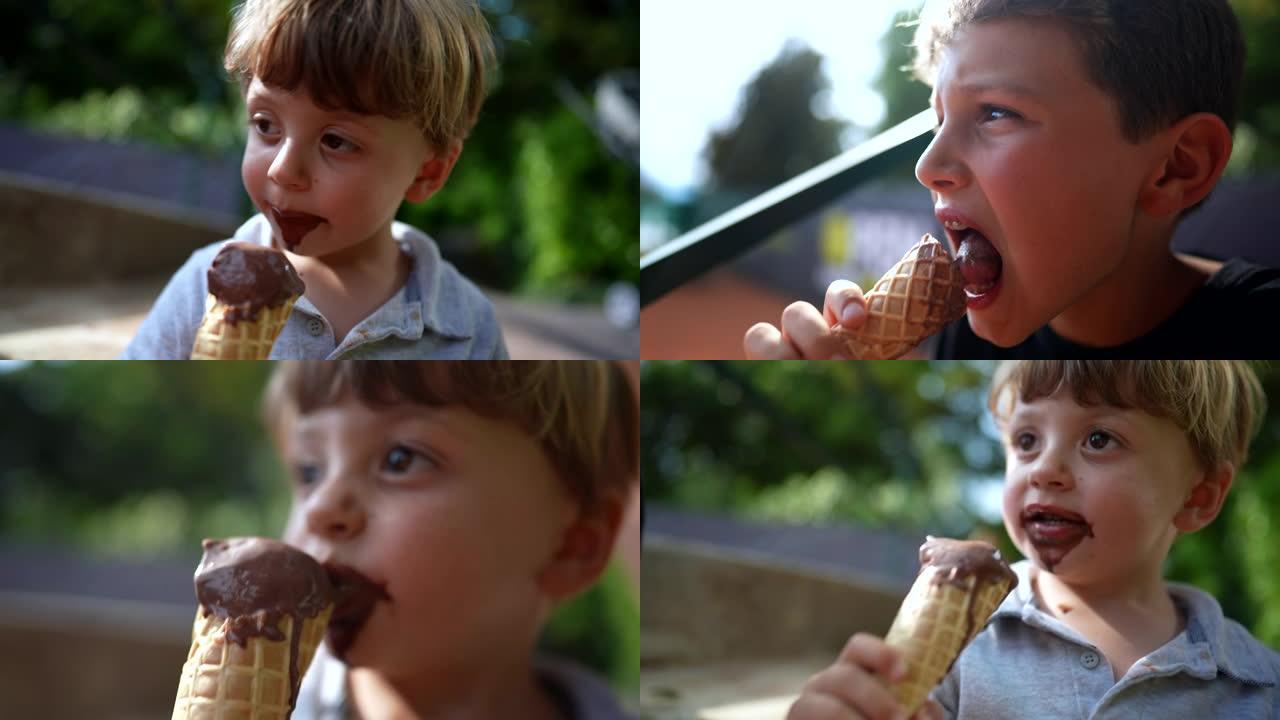 孩子们在外面吃冰淇淋。两个孩子吃巧克力冰淇淋蛋卷