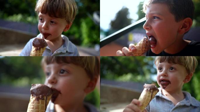 孩子们在外面吃冰淇淋。两个孩子吃巧克力冰淇淋蛋卷