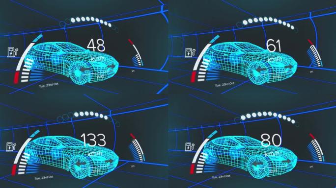 车辆接口上的速度计，gps和充电状态数据的动画，通过3d汽车模型