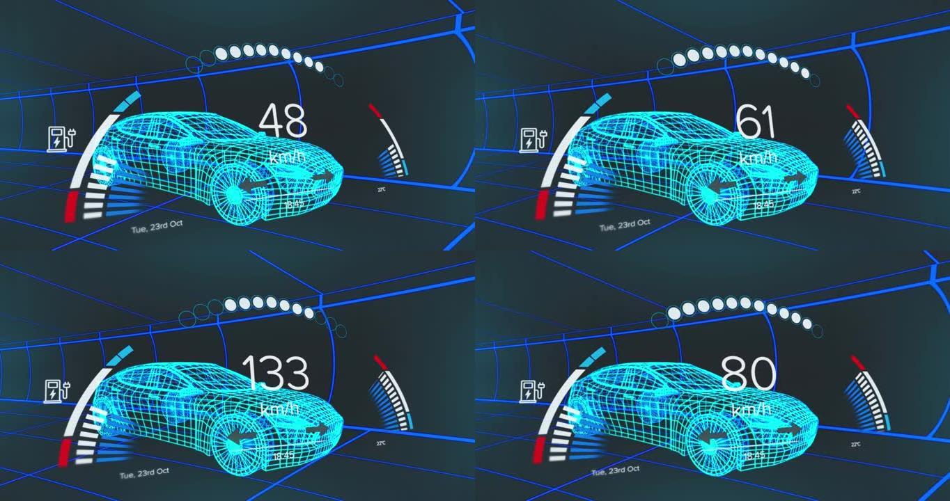 车辆接口上的速度计，gps和充电状态数据的动画，通过3d汽车模型