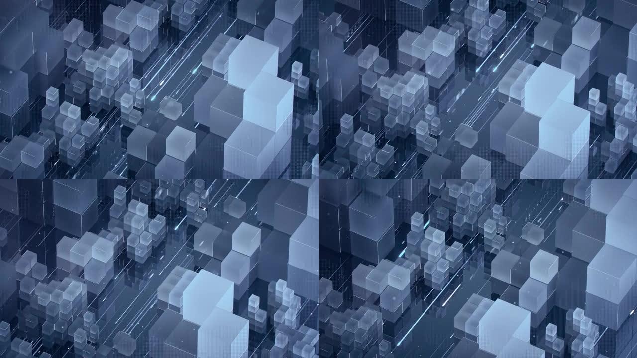 蓝色立方形状无缝循环动画的抽象3d渲染