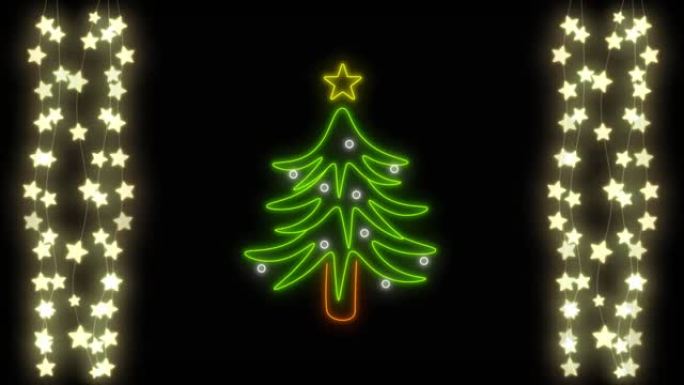 黑色背景上的仙女灯上的霓虹圣诞树动画