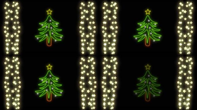 黑色背景上的仙女灯上的霓虹圣诞树动画