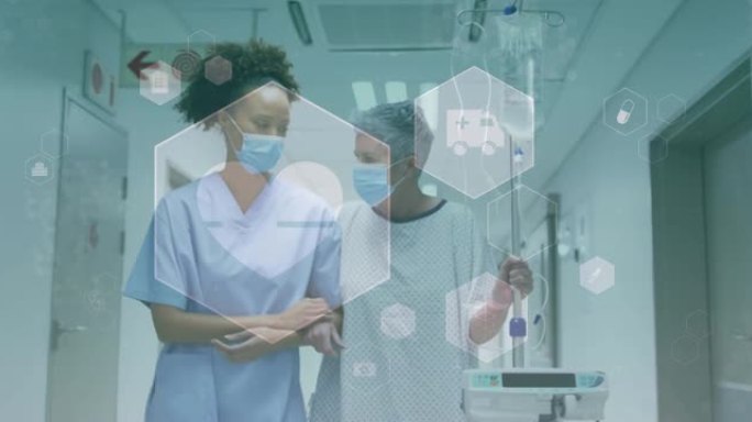 戴着口罩的女护士和病人在医院行走的白色医学图标的动画