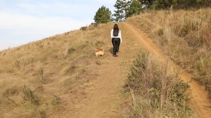 女人带着她的狗徒步旅行