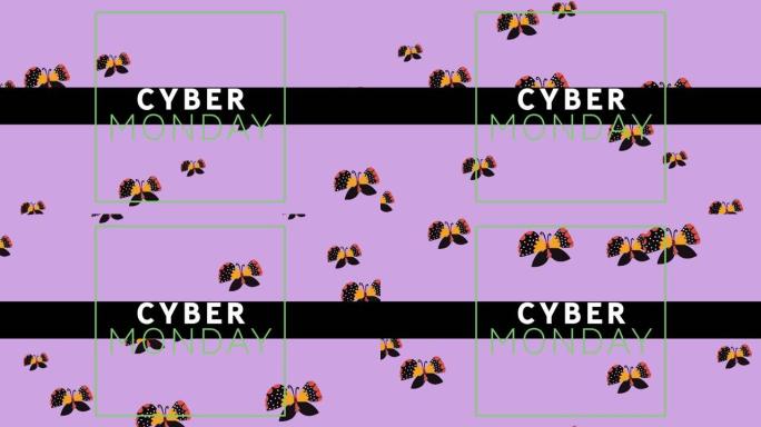 紫色背景上的多个蝴蝶图标上的网络星期一文本横幅数字动画