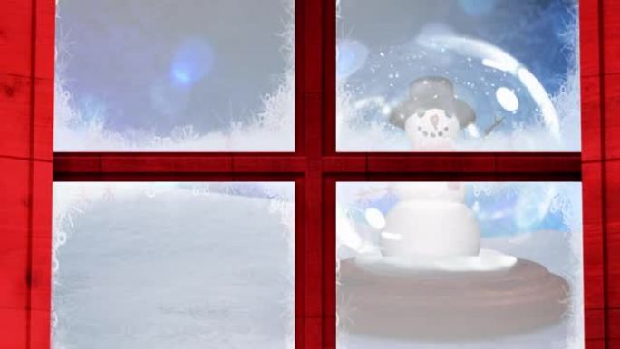 红色木制窗框抵御雪人在雪球中抵御蓝色光斑