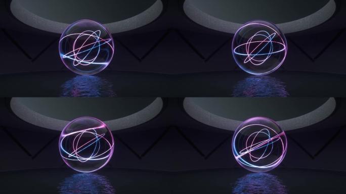 发光的霓虹灯线和漂浮在水面上的玻璃球，3d渲染。