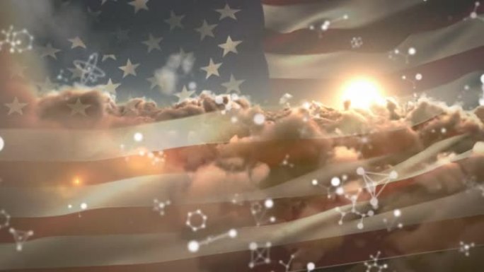 动画白色网络漂浮在美国国旗和多云的天空在日落