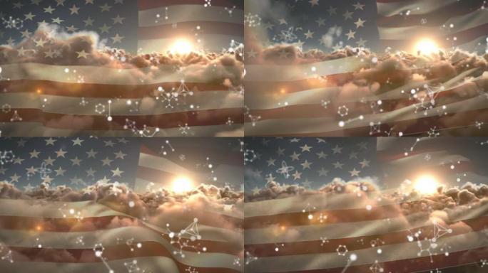 动画白色网络漂浮在美国国旗和多云的天空在日落