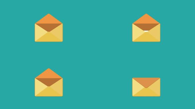 电子邮件消息动画。空白床单从信封里飞出。带有纸质信件的经典信封。电子邮件外发信件。时事通讯活动。发送