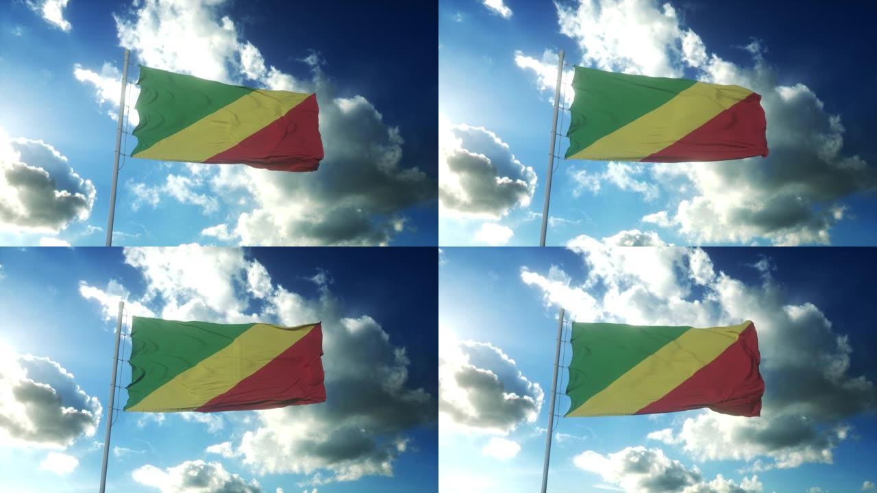 刚果共和国的旗帜在美丽的蓝天下迎风飘扬