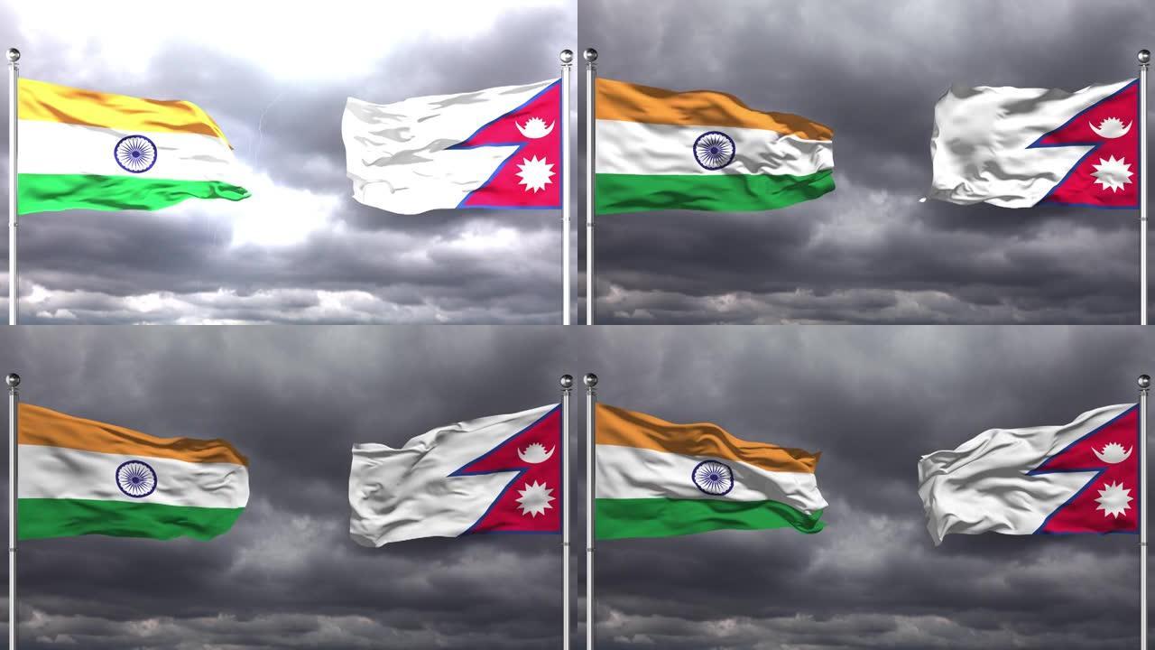Indıa和尼泊尔国旗互相挥舞|循环。