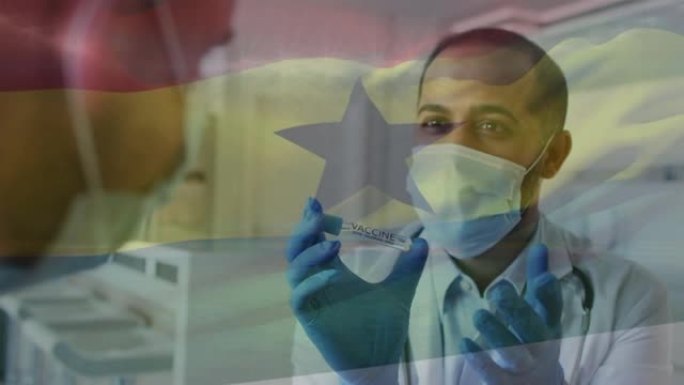 加纳国旗的动画，男医生戴着口罩向患者展示covid疫苗